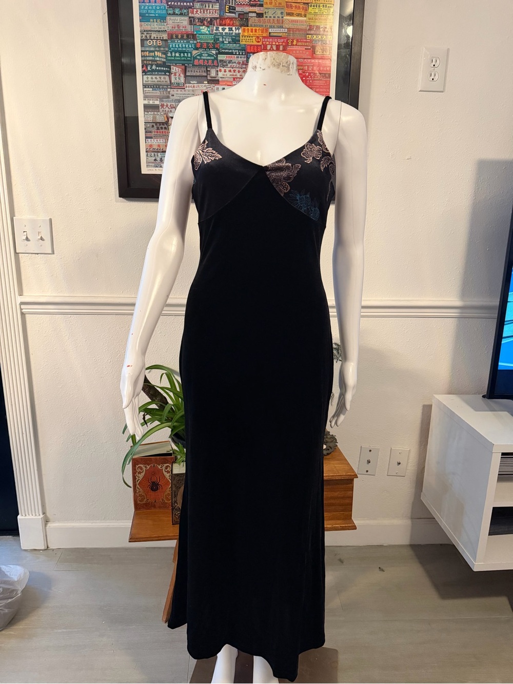 Black Velvet Slip Dress with Embroidered Bust